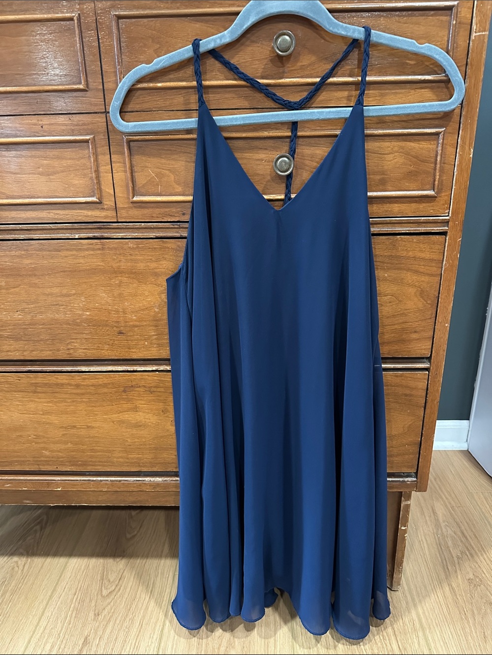 Soprano Navy Blue Braided-Strap Mini Swing Dress